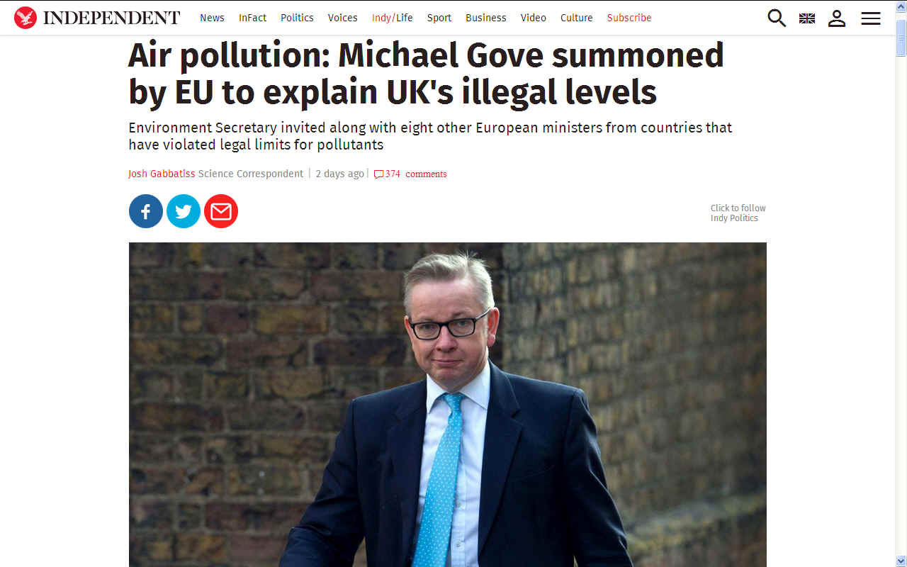 The Independent reporting on Michael Gove and air pollution