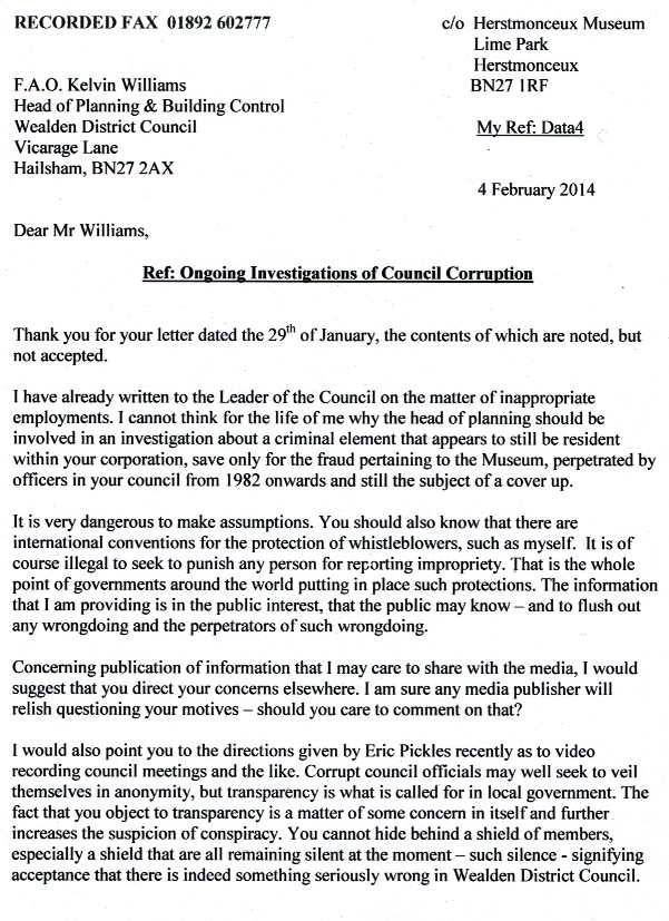Letter to Kelvin Williams dated 4 February 2014