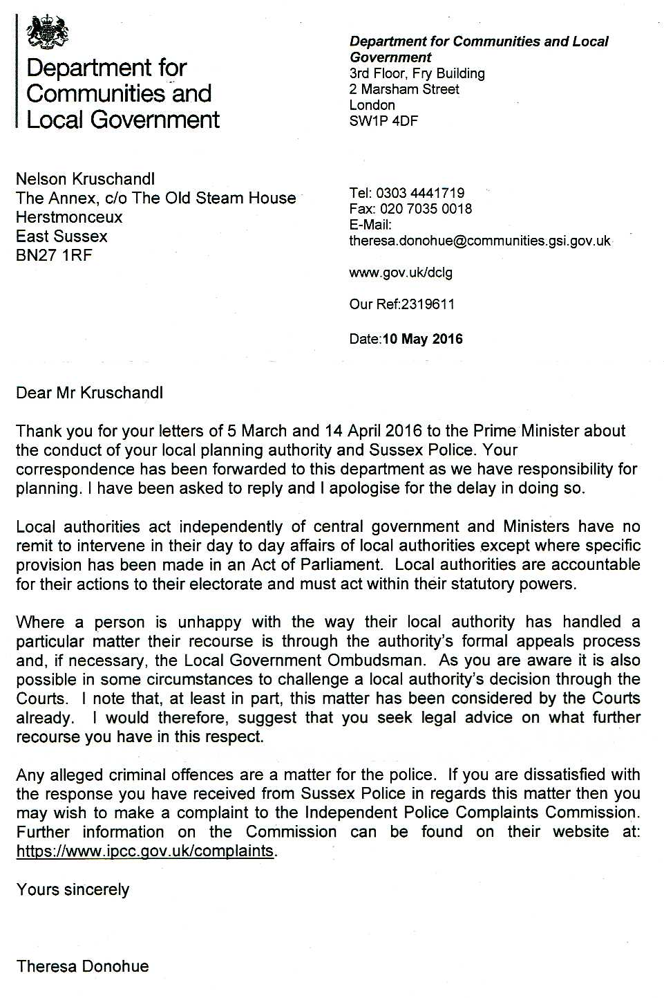 Letter to the Prime Minister reporting fraud by Sussex police and Wealden District Council