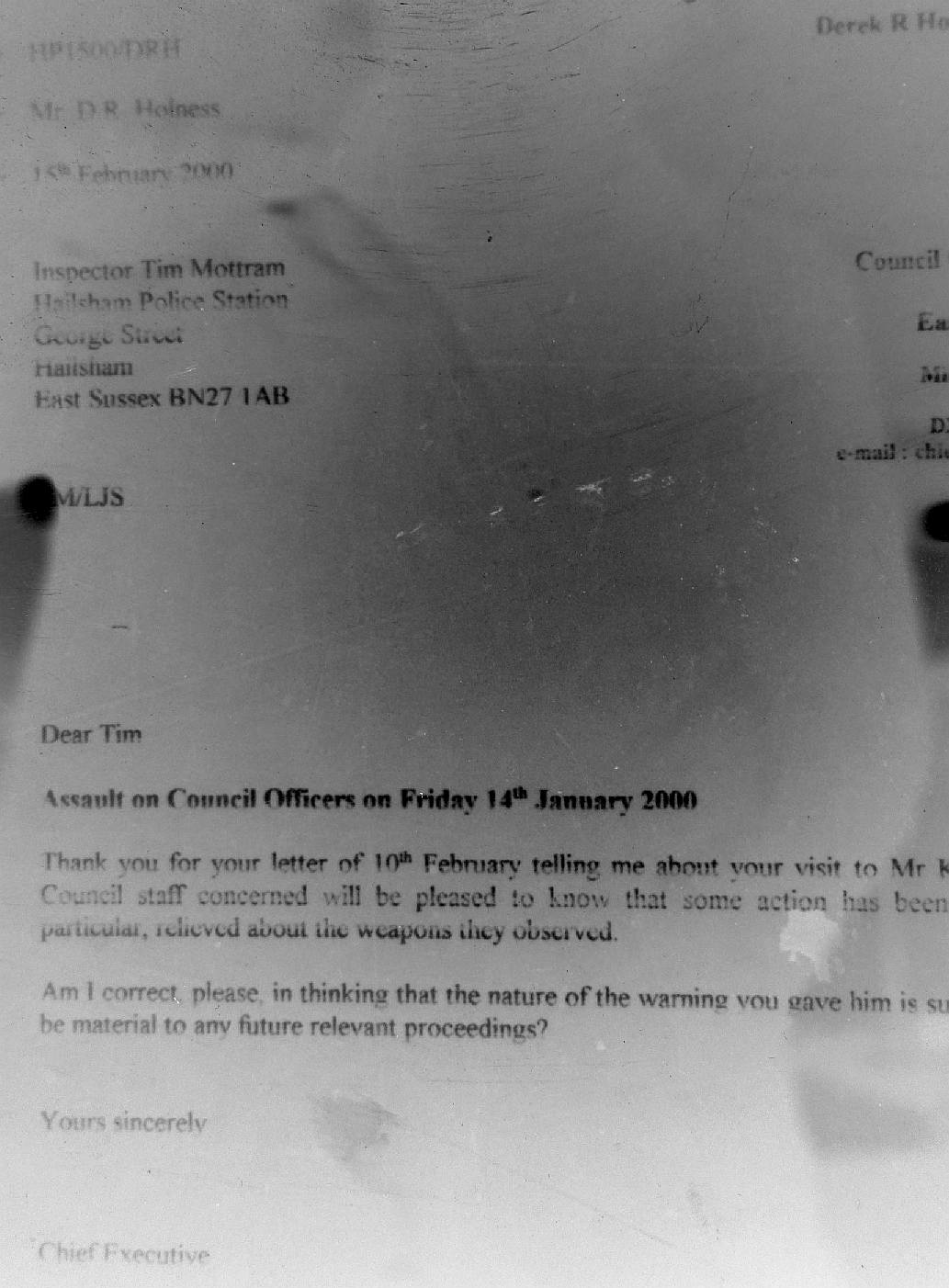 Letter to Inspector Tim Mottram Sussex police firearms and assault claims