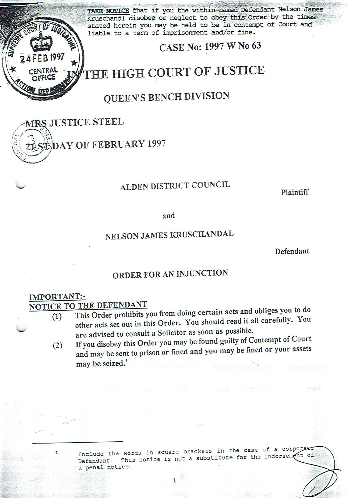 Order for toilet removal Mrs Justice Steel High Court February 1997