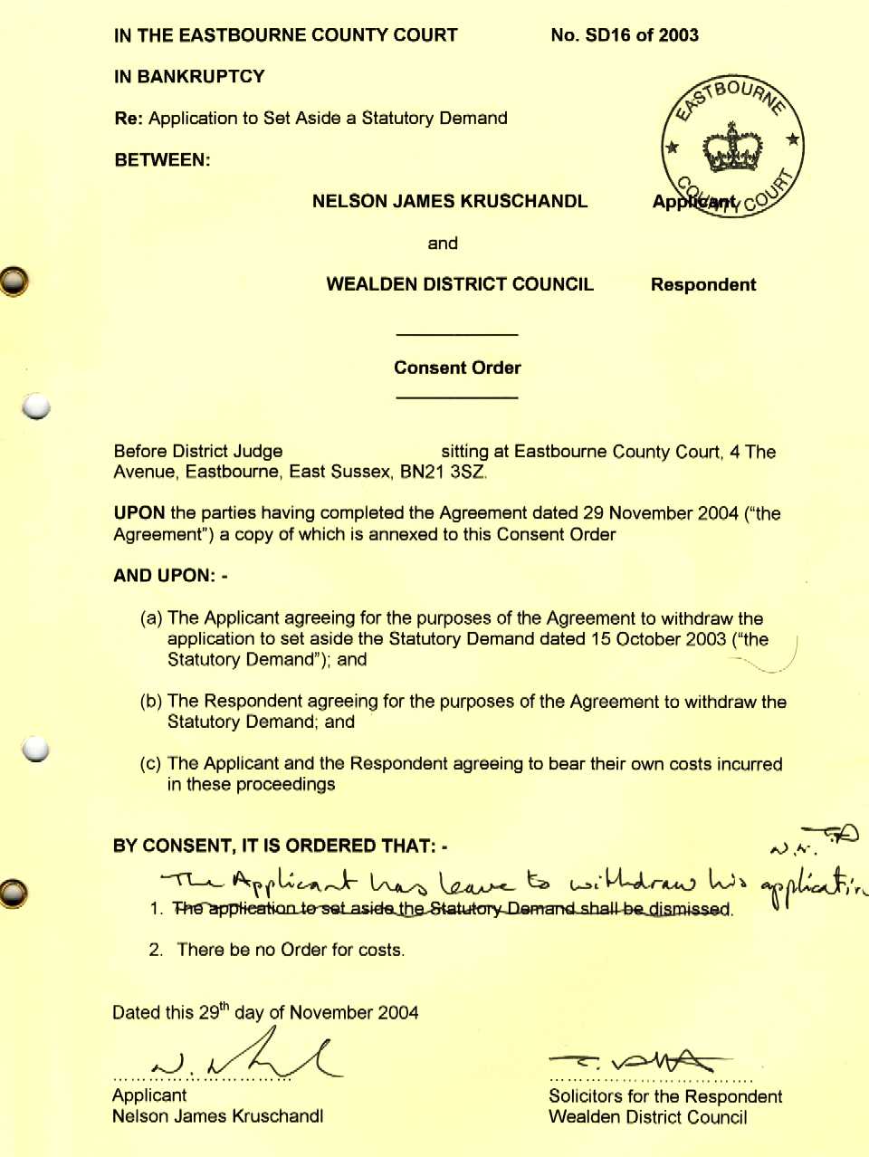 Example of a consent order