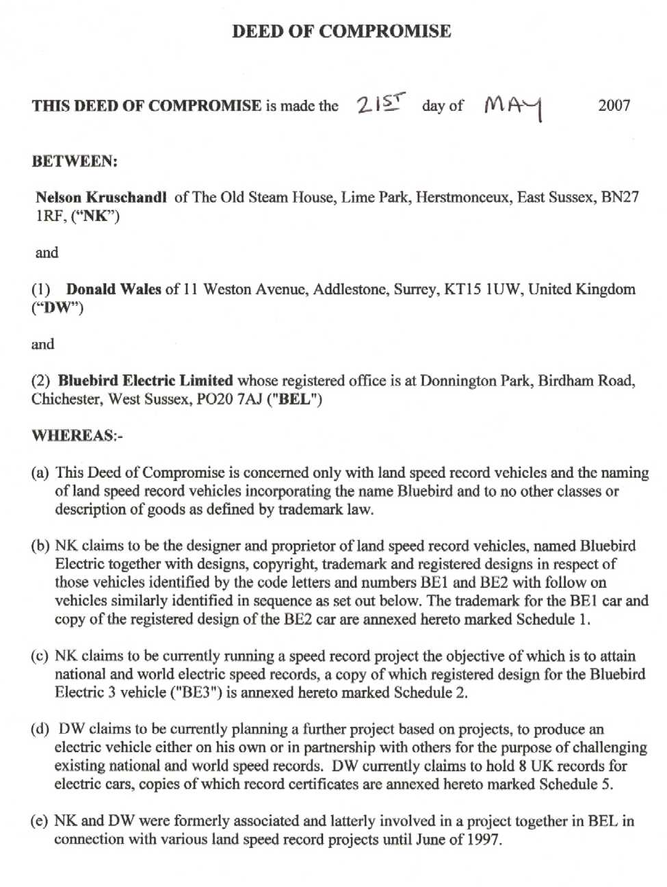 Agreement between Nelson Kruschandl and Don Wales as to use of the name Bluebird for electric vehicles