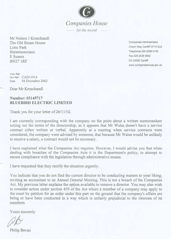 Letter from Companies House to Nelson Kruschandl confirming there should be a service contract for Don Wales