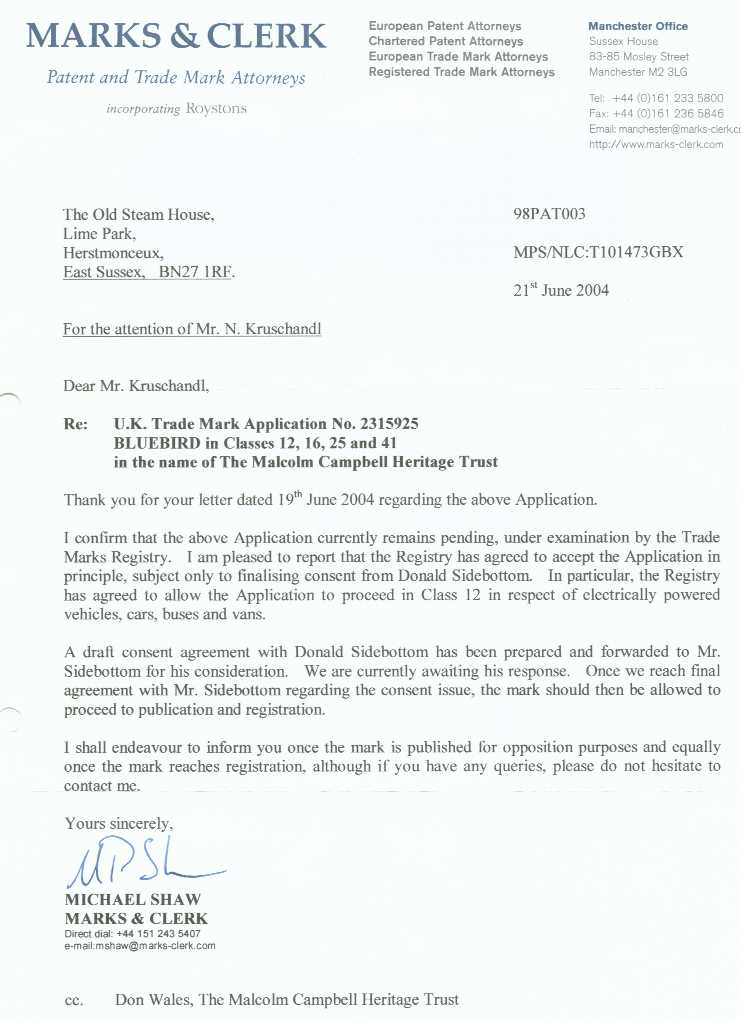 Letter from Marks & Clerk to Nelson Kruschandl confirming that electric cars had been added