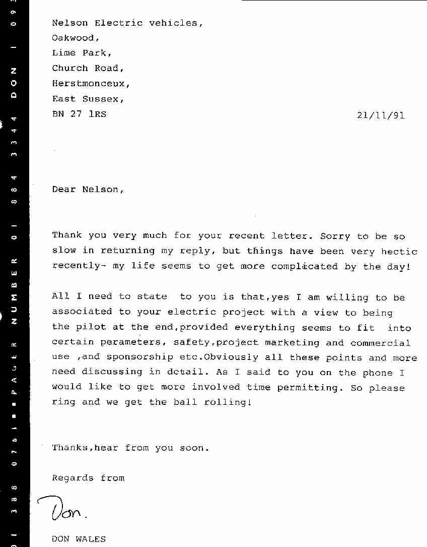 Letter from Don Wales to Nelson Kruschandl accepting the position as driver