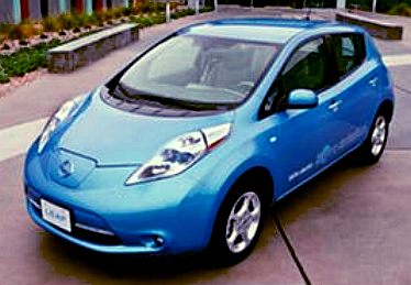 Blue electric car by Nissan