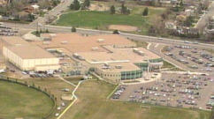An aerial shot of Columbine High School on the day of the massacre