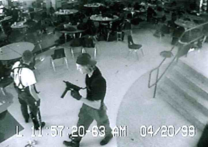 Columbine School Colorado shooting massacre Eric Harris and Dylan Klebold caught on the high school's security cameras in the cafeteria shortly before committing suicide