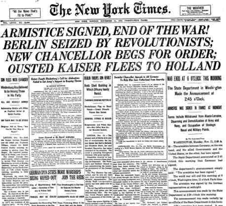 Front page of The New York Times on Armistice Day, November 11, 1918