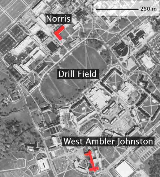 Aerial photo showing location of Norris and West Ambler Johnston Halls Virginia Tech