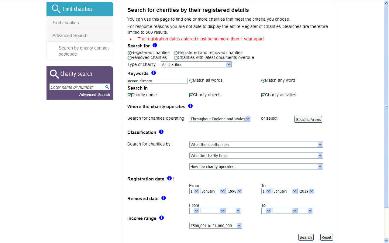 Search form charities registered details