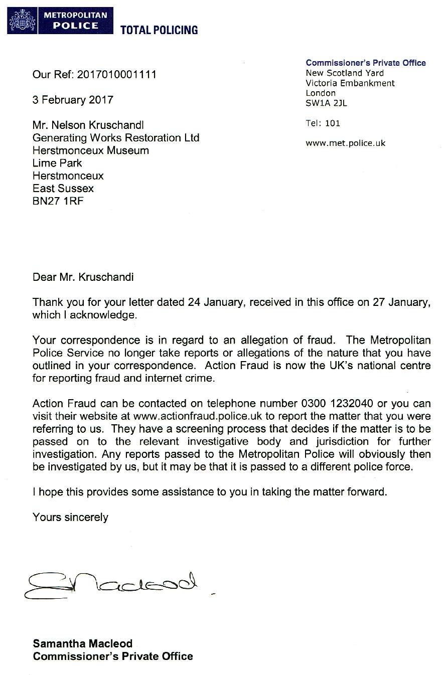 Letter to the Metropolitan Police, New Scotland Yard