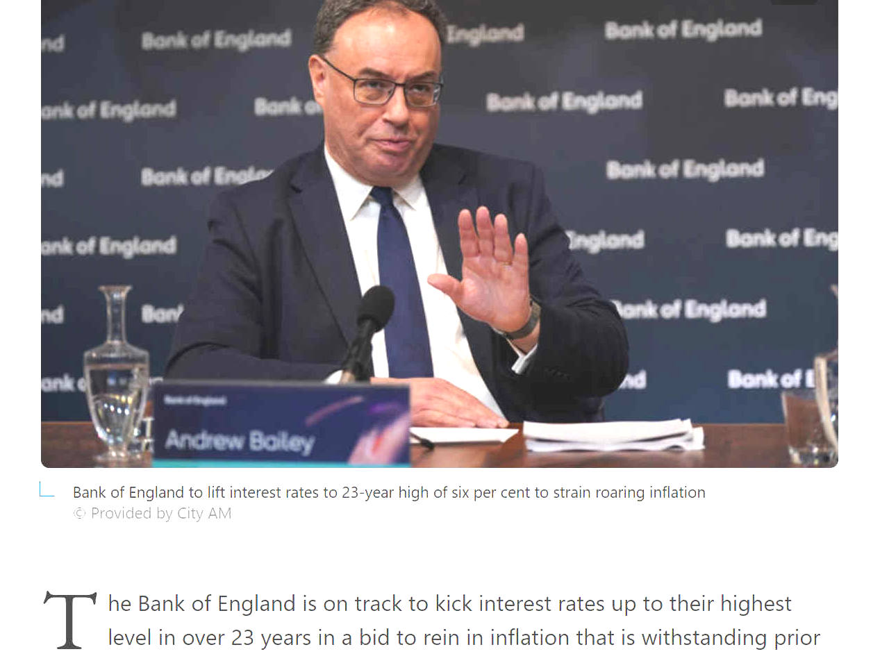 Bank of England governor, Andrew Bailey, is set to raise interest rates to 6% in a bid to control rampant inflation