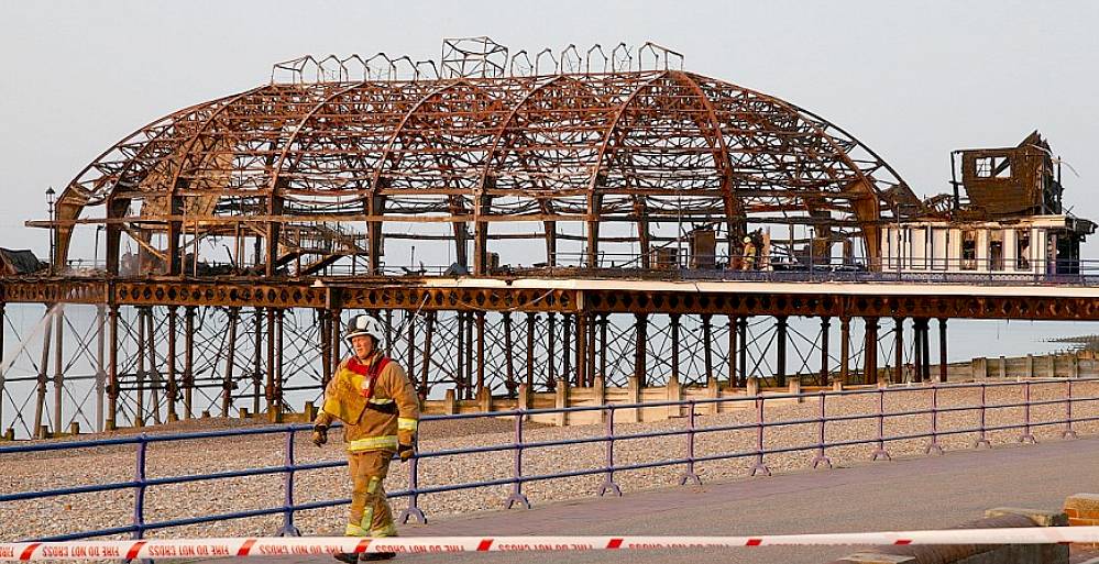 Burned out steel wreckage of Eastbourne's pier 2014