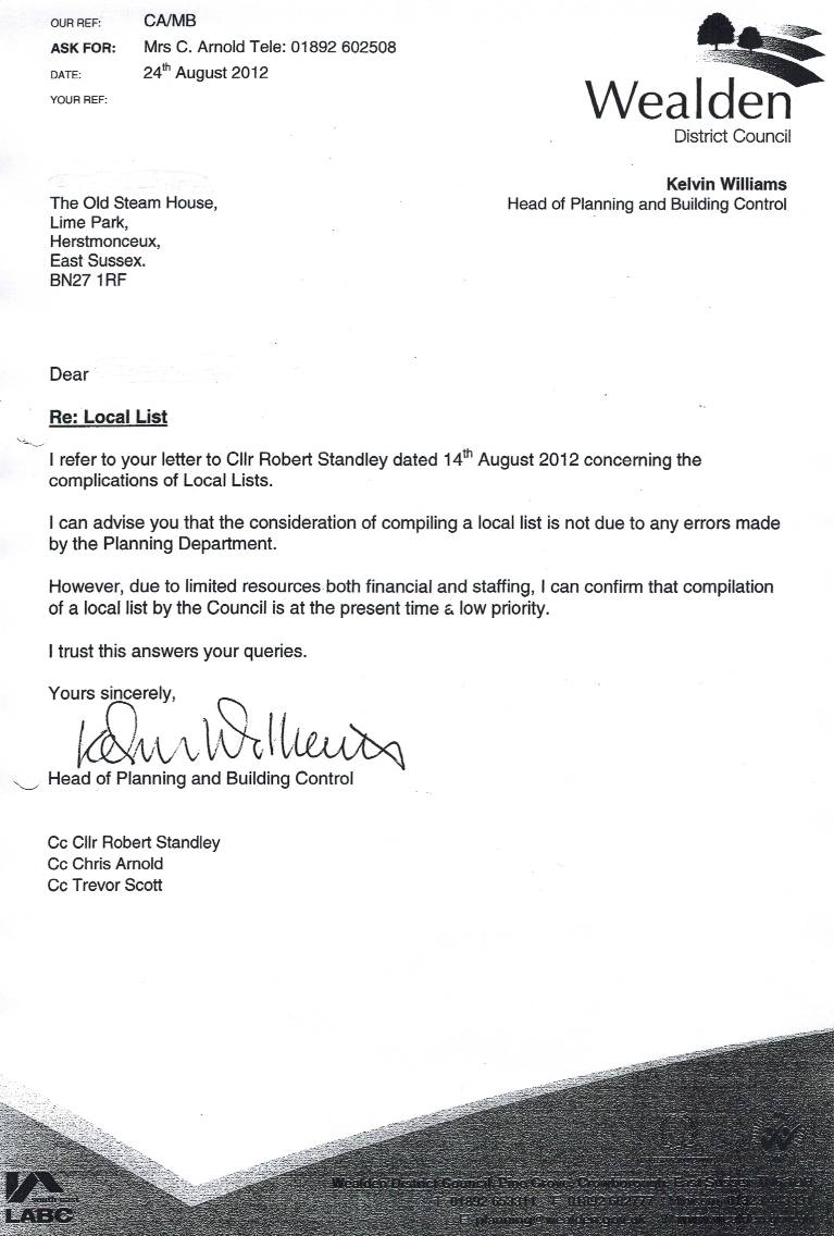 Letter from Wealden's Kelvin Williams proving there is no local list