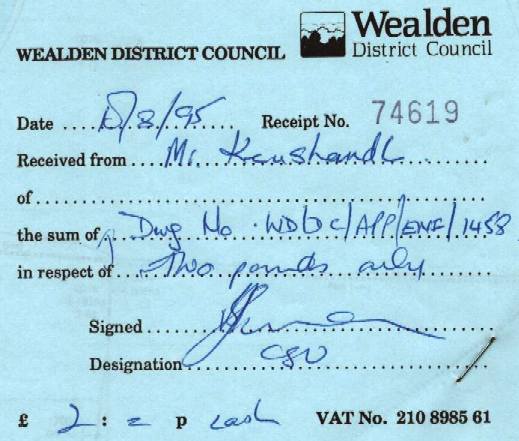 Receipt proving that Wealden Council's notice is defective from 1987