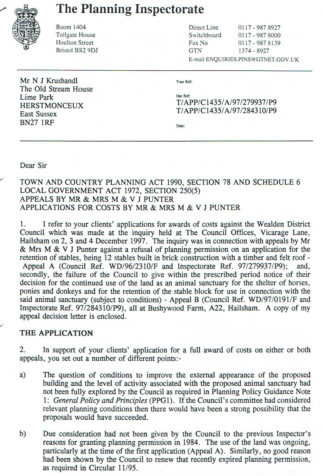 Wealden District Council costs awarded to planning appellants Bushy Wood appeal