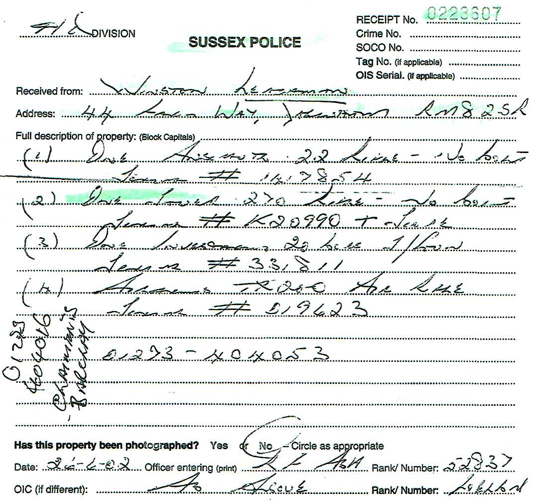 Receipt for guns from Sussex Police number 0223607