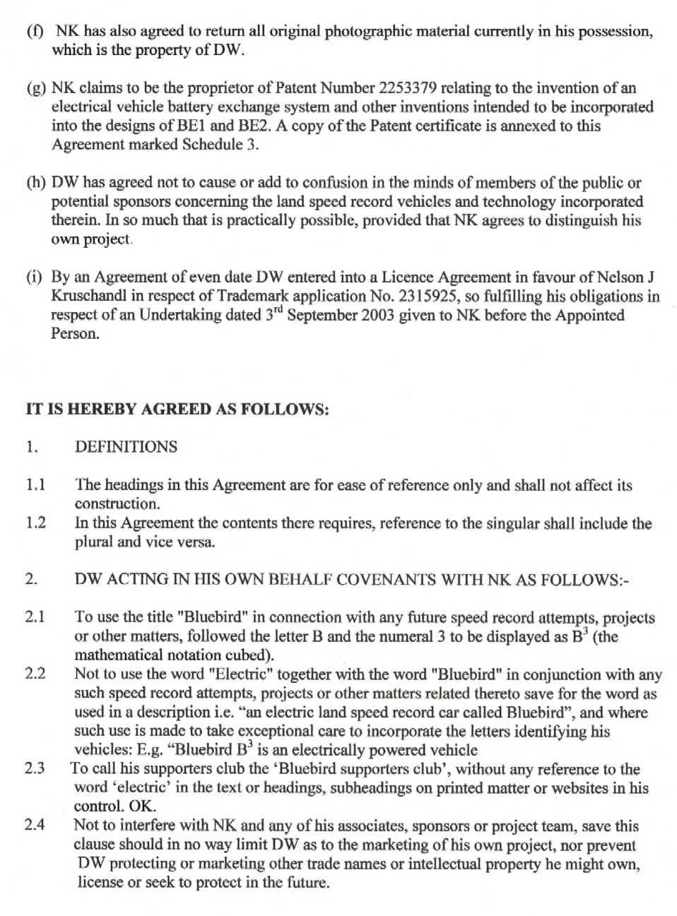 Don Wales and Nelson Kruschandl, Deed of Compromise - Bluebird Electric