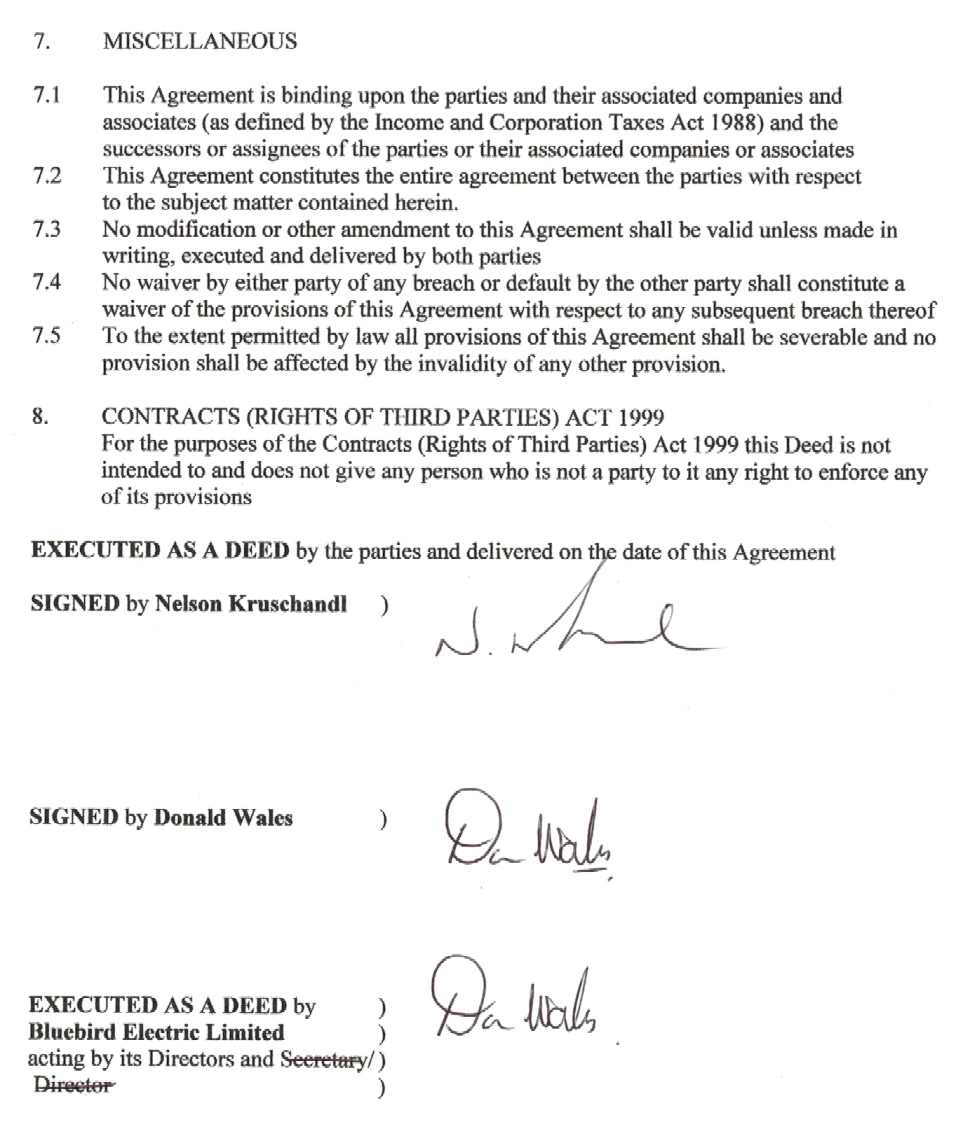 Deed of Compromise, Nelson Kruschandl and Don Wales, ref Bluebird Electric