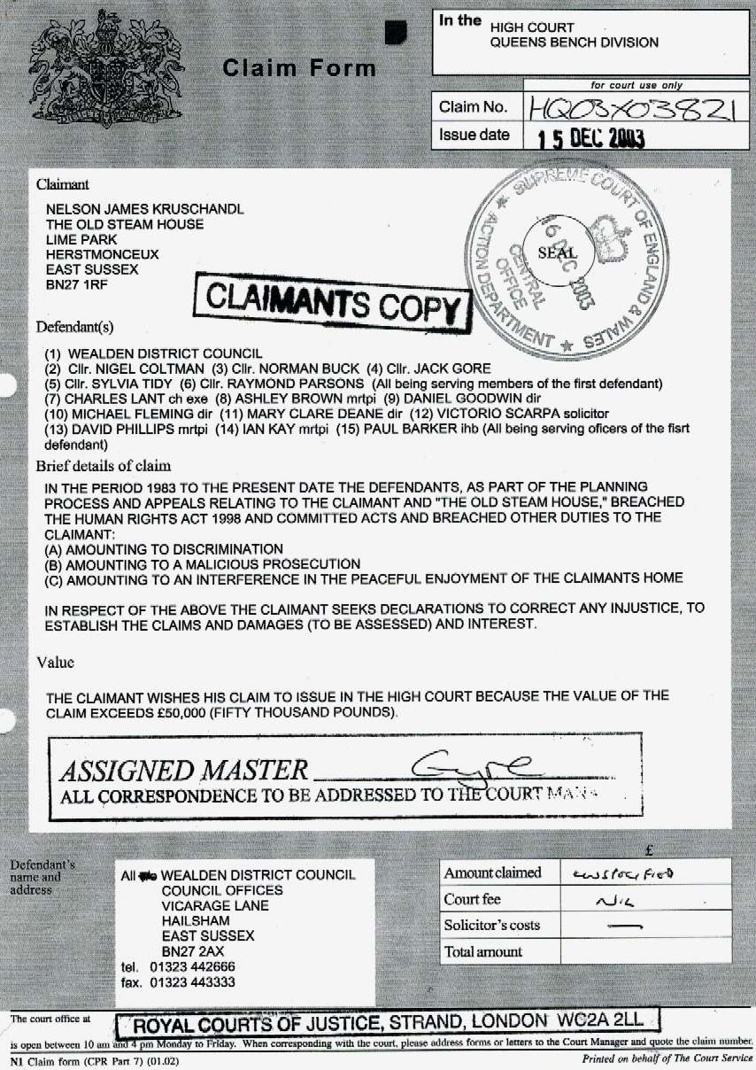 High Court claim form. Queens Bench Division HQ03X03821