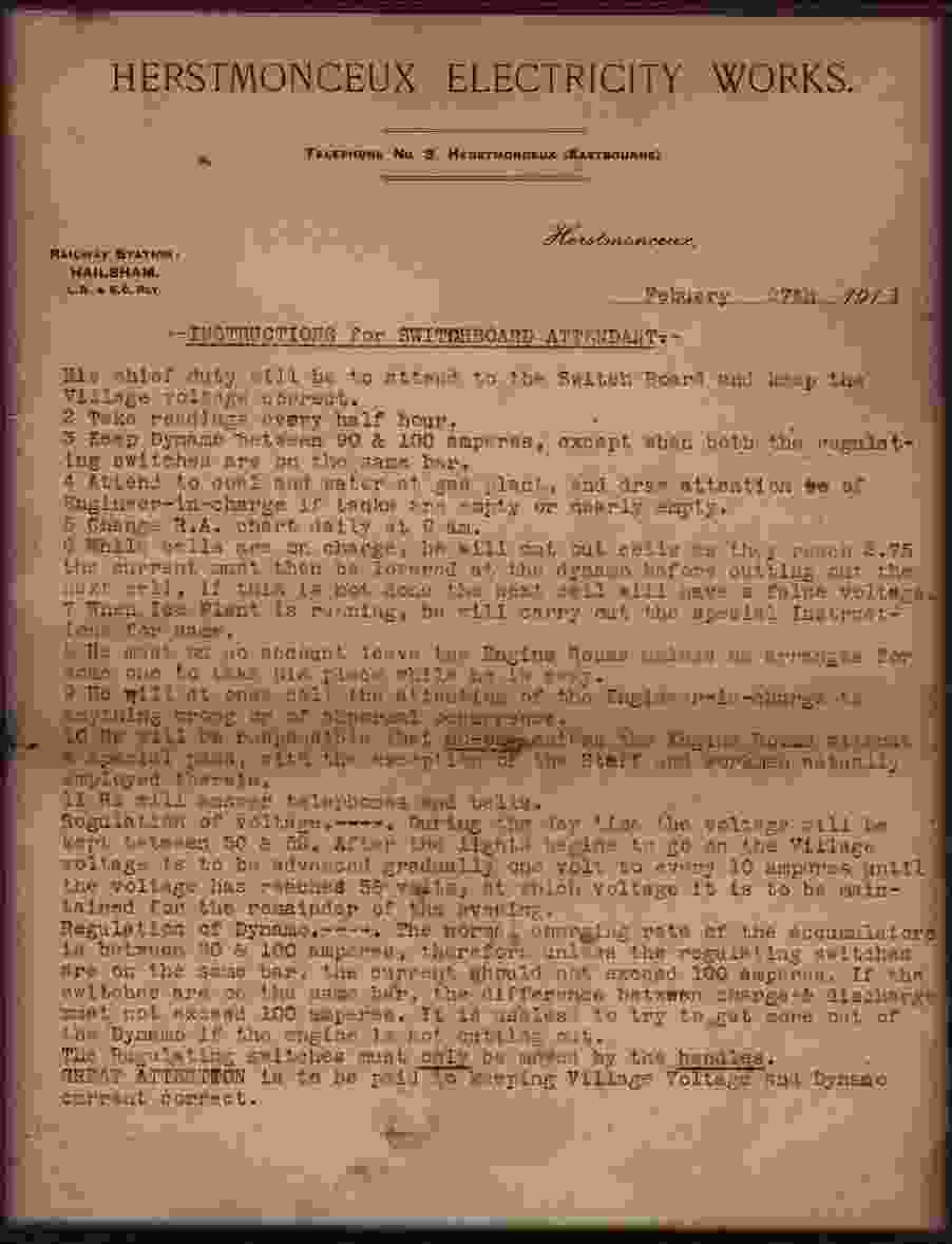 Herstmonceux Electricity Works - Instructions to switchboard attendant