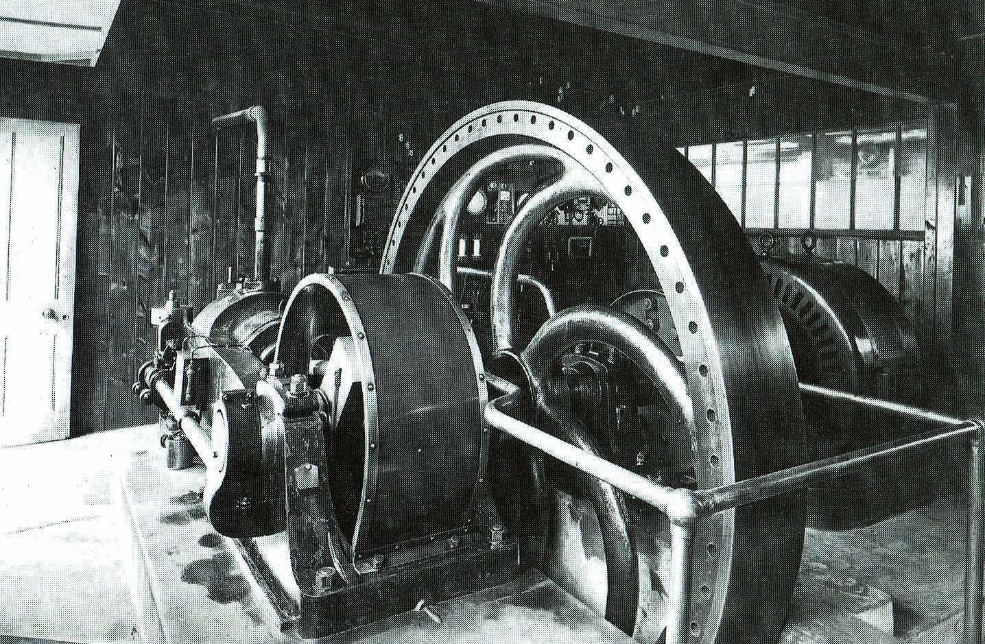 National gas engine and Crompton DC generator producing 36 hp and 220 volts