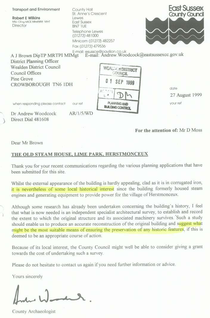County Archaeologist's letter 27 August 1999 to Wealden District Council