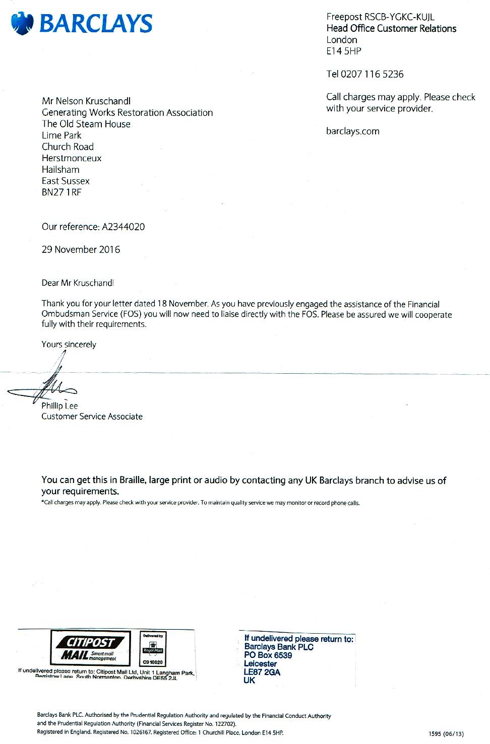 Letter from Barclays bank, head office, London, E14 5HP