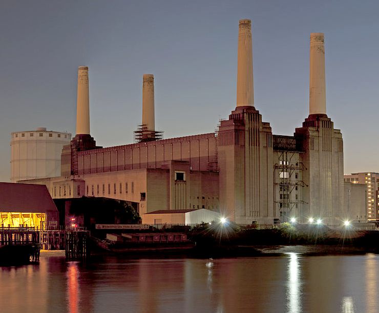 Battersea power station at dusk, reflection across the River Thames, London